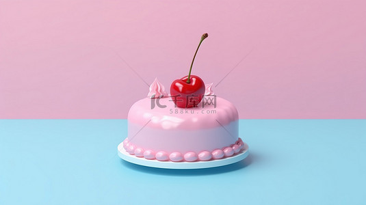 粉色背景下顶部有樱桃的蓝色蛋糕的简约 3D 渲染