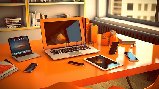 橙色办公室笔记本电脑中的数字设备和办公桌上的平板电脑 3D 渲染