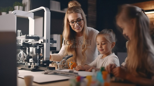 教授年轻人的女讲师在机器人和工程课程中协助学生进行 3D 打印