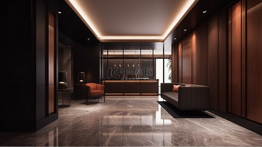 具有暖棕色 3d 渲染的豪华酒店和办公室接待处