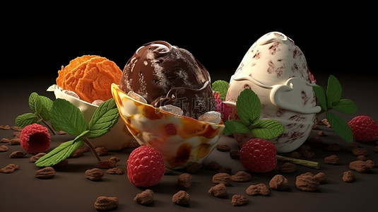 制作精美的 3d 冰淇淋勺，配以榛子薄荷巧克力橙子和草莓