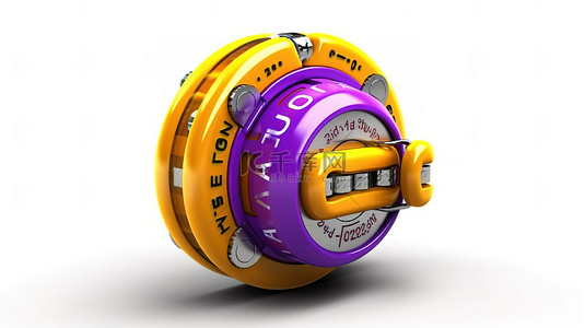 3D 渲染带有密码锁功能的紫色和黄色封闭组合挂锁的卡通插图