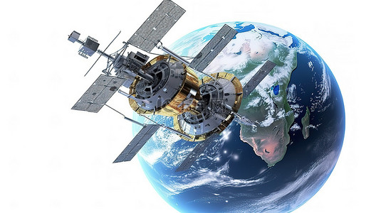 全球科技背景图片_白色背景下绕地球旋转的偏心轨道现代世界全球导航卫星的 3D 渲染