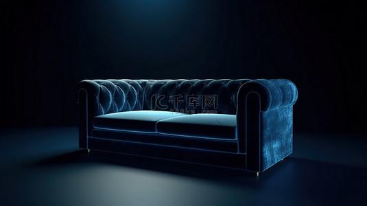 3D 渲染的豪华蓝色丝绒沙发隔离在平静的蓝色背景上