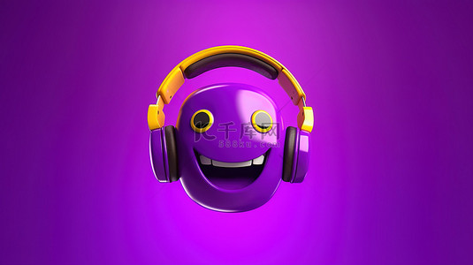 可爱的人物扁平背景图片_戴着表情符号的耳机的 3D 渲染沉浸在紫色背景下的音乐中