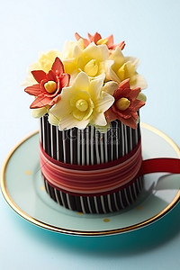 盘子里放着鲜花的纸杯蛋糕