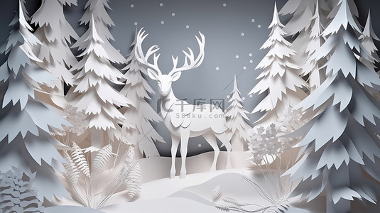 森林里的鹿与雪花 3D 渲染的纸艺和工艺设计