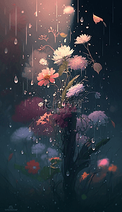 花瓣雨背景图片_小雏菊鲜花雨滴雨中的花卉卡通可爱背景