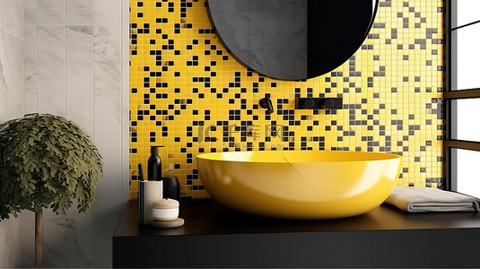浴室洗脸盆背景图片_现代浴室内部设有充满活力的黄色马赛克墙光滑的矩形镜子和 3D 渲染的圆形黑色洗脸盆