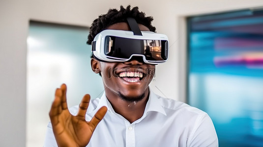 快乐的非洲青年与 3D 虚拟现实耳机互动