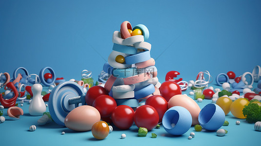 减肥,背景图片_蓝色背景 3D 渲染上的彩色球围绕着沙拉牛奶鸡蛋哑铃和运动绳