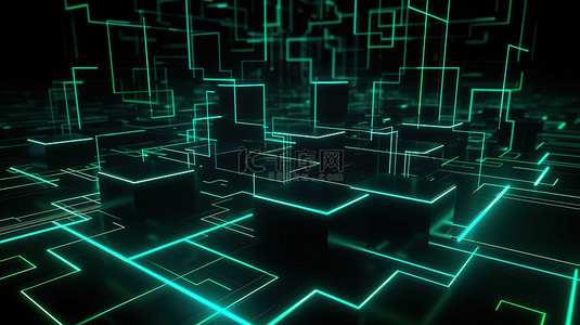 绿色科幻的背景背景图片_科幻插图霓虹灯发光的黑色和绿色抽象几何背景在 3D 渲染中