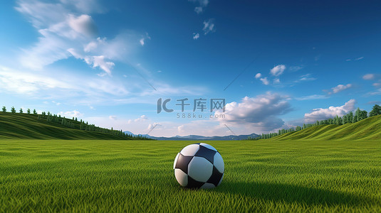 清澈的蓝天 3D 渲染背景下，充满活力的绿色球场上的足球