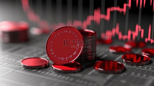 钱图解背景图片_投资市场下降的 3D 硬币图解，带有向下的红色箭头和商业横幅的复制空间