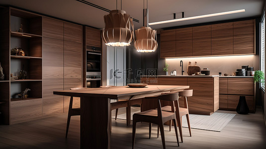 设计师背景图片_时尚设计师木质家具厨房，配有背光功能和现代餐桌 3D 渲染