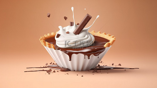 丰富的巧克力和奶油牛奶派在干净的背景上翱翔的 3D 插图