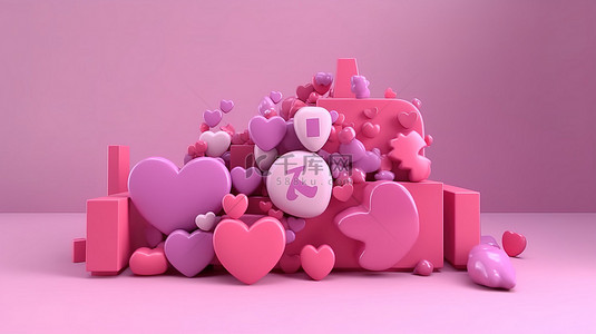 3D 渲染的心脏图标，带有爱情文本框和双视图中的粉红色社交媒体图标