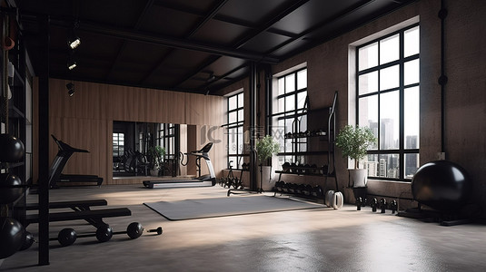 健身健身房背景图片_3d 渲染中的现代阁楼健身和健身房