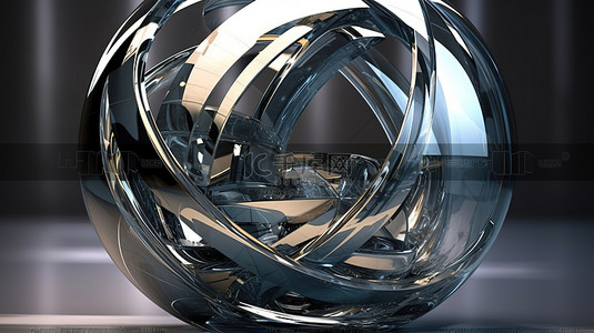 新闻摘要背景图片_哑光玻璃和光泽金属抽象雕塑呈现为通过 3D 渲染技术创建的球形形状，并结合平滑的曲线形式
