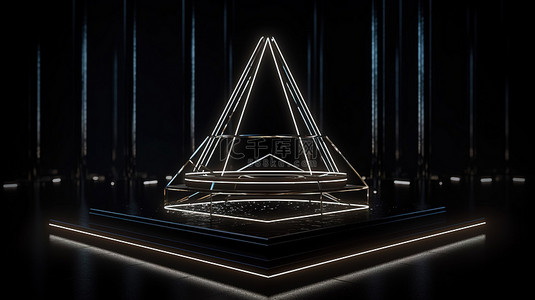 白色霓虹灯照亮了 3D 渲染中的黑色几何支架