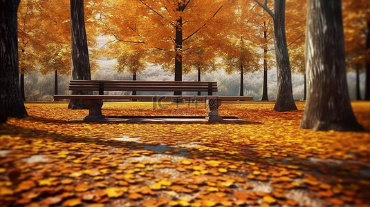 标题包含秋季公园的 3D 插图，树叶和长凳散落