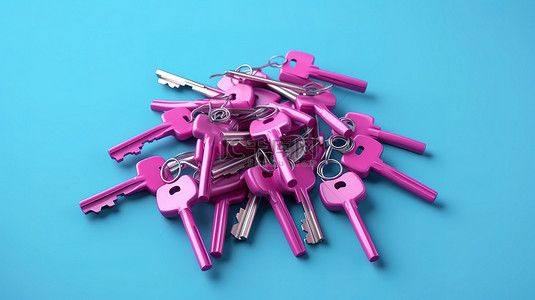纯蓝色背景 ui ux 设计元素上粉色钥匙串的简约 3D 渲染