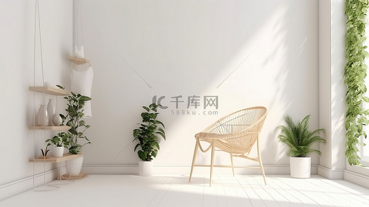 高清家居背景图片_装饰时尚的白色墙壁房间 3D 渲染，包括椅子植物和别致的装饰