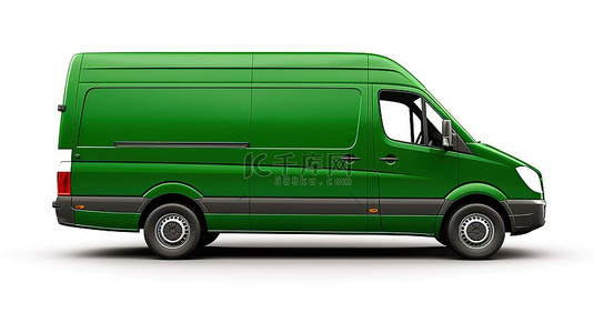 货车专用背景图片_一辆空白商用货车的 3D 插图，具有中型车身和白色背景上的绿色，非常适合添加您自己的设计徽标或铭文