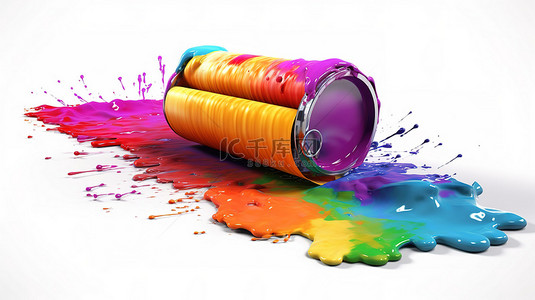 油漆刷墙背景图片_白色背景 3D 渲染上带有油漆滚筒的充满活力的彩虹色画笔描边