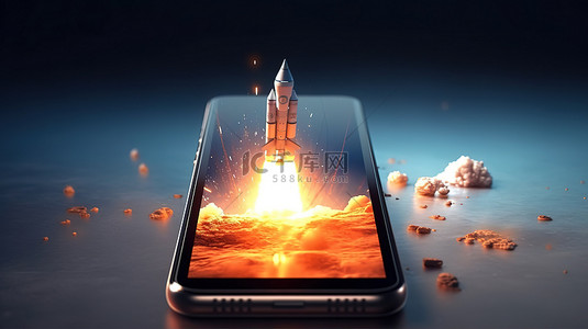 手机屏幕上捕获的 3D 渲染火箭发射