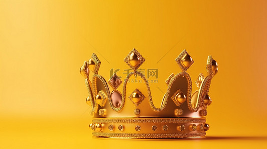 富丽堂皇的金色王冠在充满活力的黄色背景下闪闪发光，完美体现皇室主题令人惊叹的 3D 渲染