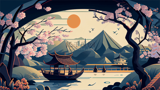 清明节山河插画背景