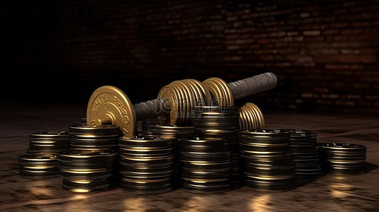 成功金币背景图片_象征财务成功和商业繁荣的硬币杠铃的 3D 渲染