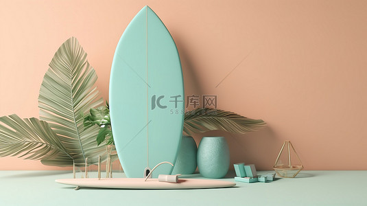 夏季旗背景图片_简约风格 3D 渲染夏季乐趣与冲浪板和海滩元素