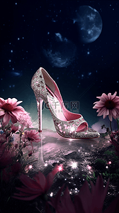 高跟鞋花卉植物夜晚星空梦幻卡通广告背景
