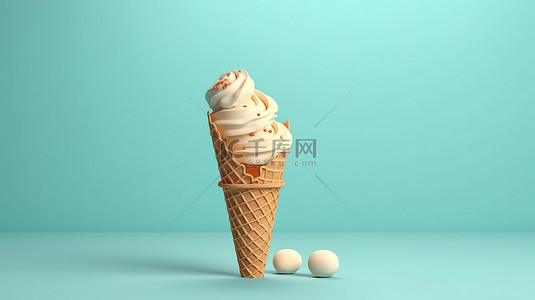 威化手绘背景图片_奶油牛奶冰淇淋，辅以最小绿松石背景 3D 渲染上的甜威化锥