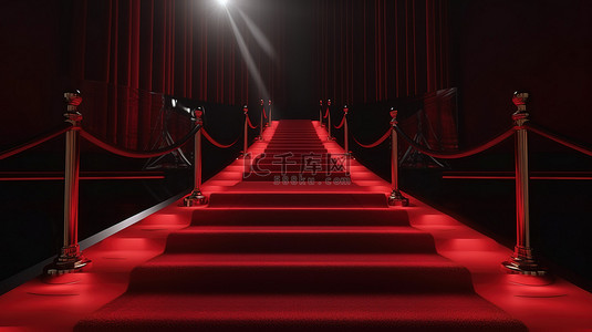 楼梯在视线中 3D 渲染红地毯，内衬绳索屏障