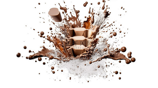 3d 渲染牛奶和巧克力在白色背景下以爆炸性方式爆裂