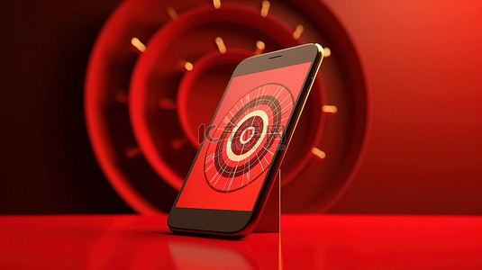 手机营销数据背景图片_红色飞镖板上智能手机的商业概念 3D 插图