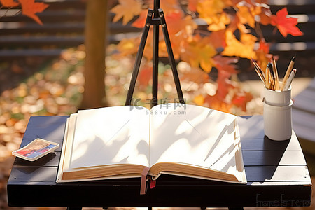 打开在秋叶旁边的木桌上的书