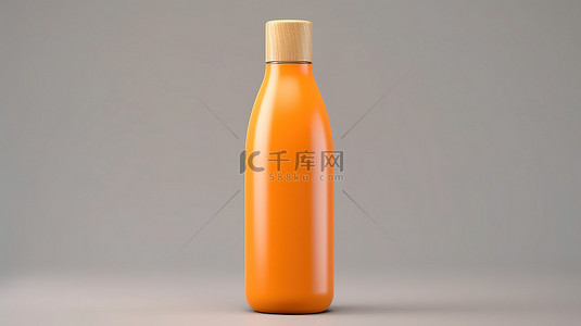 白色背景展示带木帽的现代橙色瓶的 3D 渲染