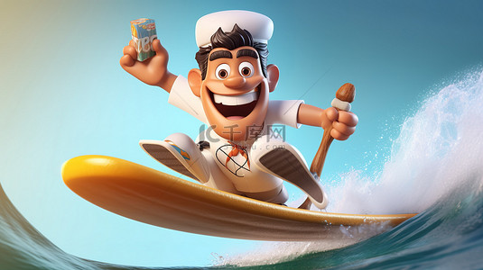 俏皮的 3D 卡通风格的冲浪厨师