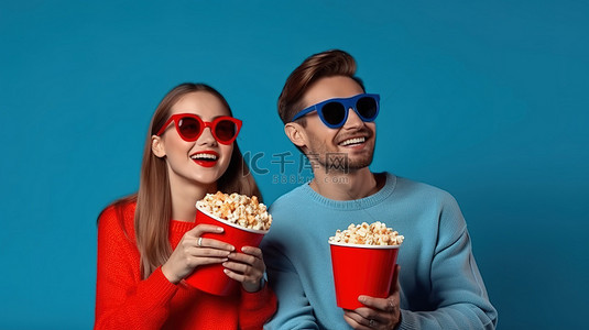 一对快乐的夫妇戴着红色和蓝色的 3D 眼镜，一边嚼着桶里的爆米花，一边看蓝色背景的电影