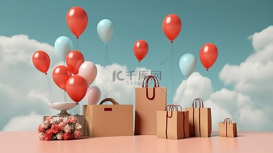 购物商场背景背景图片_3D 渲染背景，包括浮动气球咖啡杯藤瓶礼品盒和带云的购物袋