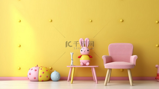 游戏室内部的 3D 渲染，配有黄色椅子和粉红色墙壁