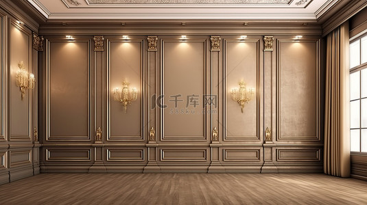 豪华经典风格室内客厅的 3D 渲染，花岗岩瓷砖上配有棕色墙壁装饰