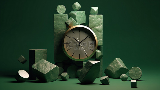 圆形木盒子背景图片_绿色盒子中的豪华石块时钟和抽象物体非常适合社交媒体帖子