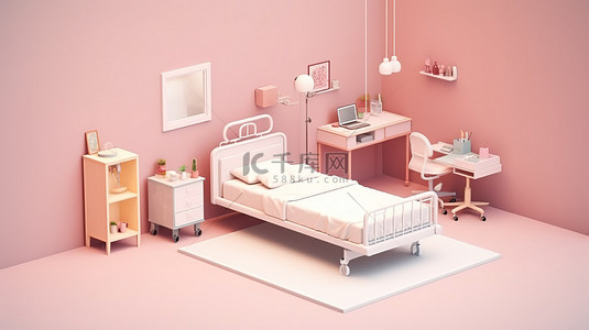 医疗背景图片_孤立的单医院卧室对象 3D 渲染插图等距视图