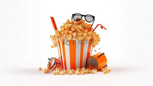 爆米花装满的桶被电影主题箭头和 3d 眼镜包围，在 3d 渲染的白色背景上