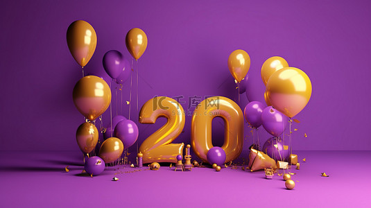 感谢社交媒体横幅的 3d 渲染，带有紫色和金色气球庆祝 2k 粉丝